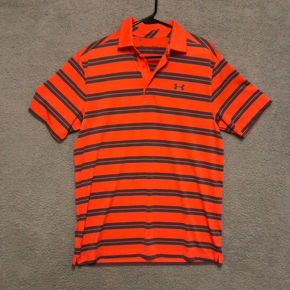 Under Armour Mens Medium HeatGear Polo Shirt Orange Gray Striped Golf Athletic